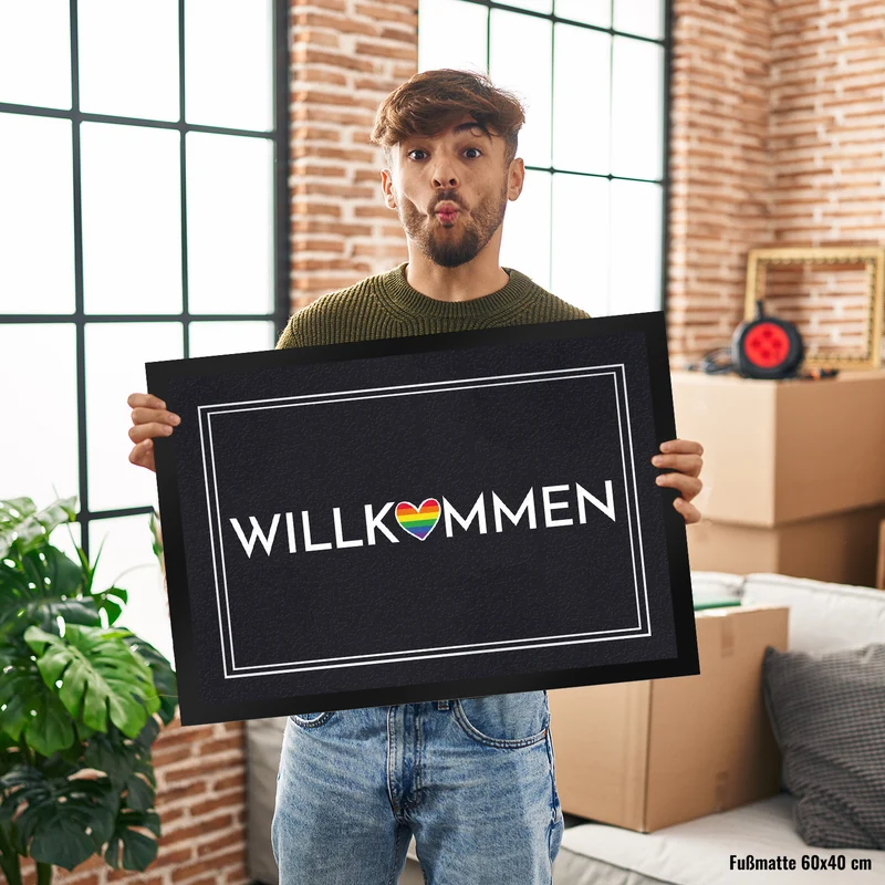 Willkommen Fußmatte mit buntem Regenbogen-Herz