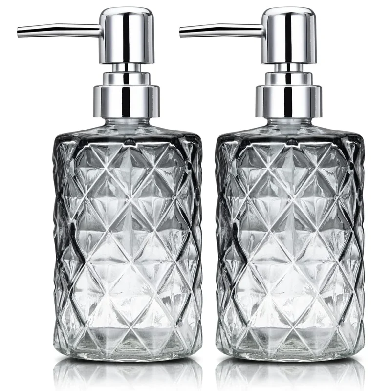 Garvee Set di 2 dispenser di sapone in vetro da 12 once con design a diamante, pompa in acciaio inossidabile, nero trasparente, per bagno e cucina