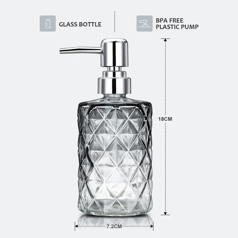 Garvee Set di 2 dispenser di sapone in vetro da 12 once con design a diamante, pompa in acciaio inossidabile, nero trasparente, per bagno e cucina