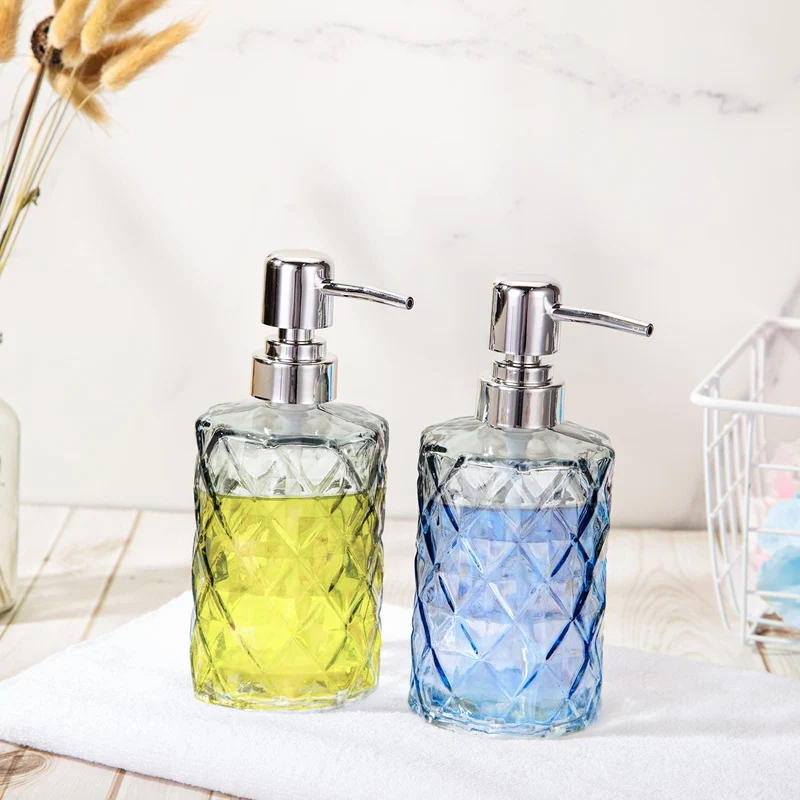 Garvee Set di 2 dispenser di sapone in vetro da 12 once con design a diamante, pompa in acciaio inossidabile, nero trasparente, per bagno e cucina