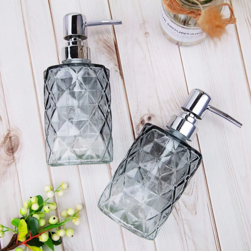 Garvee Set di 2 dispenser di sapone in vetro da 12 once con design a diamante, pompa in acciaio inossidabile, nero trasparente, per bagno e cucina