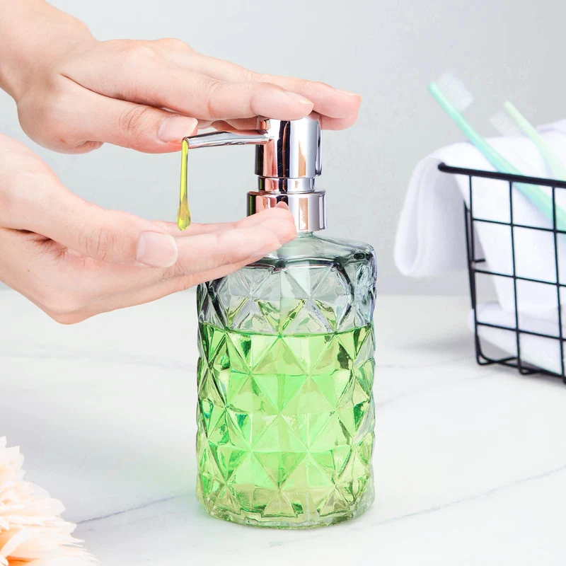 Garvee Set di 2 dispenser di sapone in vetro da 12 once con design a diamante, pompa in acciaio inossidabile, nero trasparente, per bagno e cucina