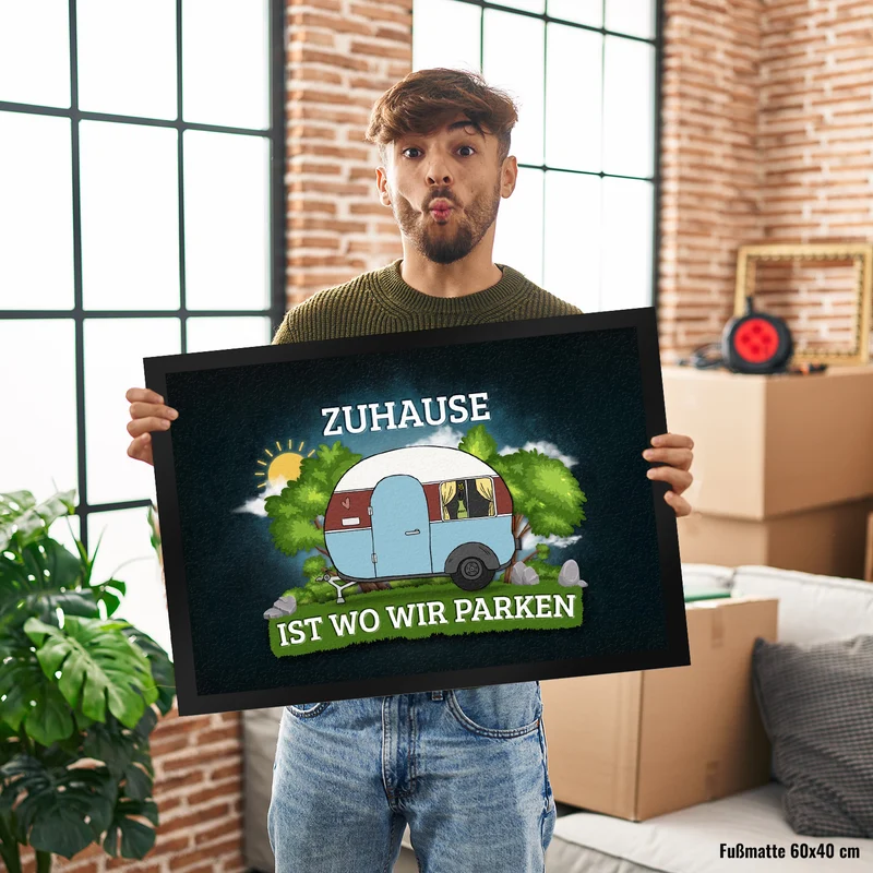 Zuhause ist wo wir parken Fußmatte mit Camping Motiv Wohnwagen Wohnmobil Urlaub Natur