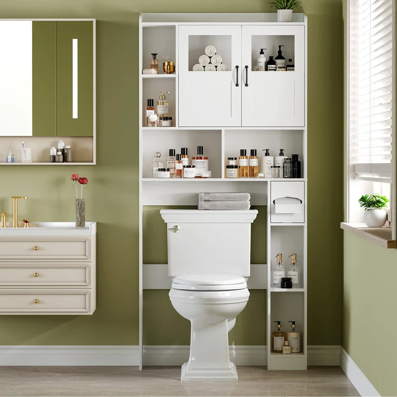 Mobiletto portaoggetti sopra il WC Garvee con ripiani regolabili e anta in vetro per bagno e lavanderia, marrone