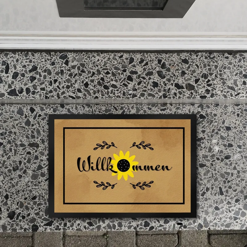 Willkommen Fußmatte mit wunderschönem Sonnenblumen Motiv für Hauseingang