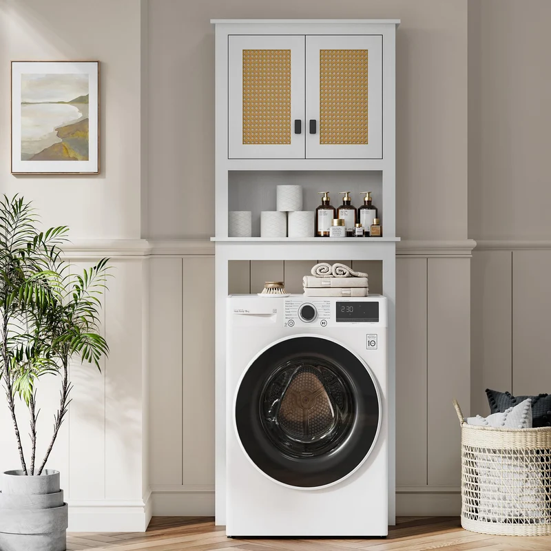 Mobiletto portaoggetti sopra il WC Garvee con ante in rattan, ripiano regolabile, legno, bianco, per bagno e lavanderia
