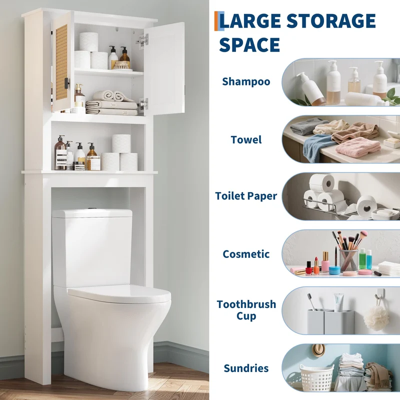 Mobiletto portaoggetti sopra il WC Garvee con ante in rattan, ripiano regolabile, legno, bianco, per bagno e lavanderia
