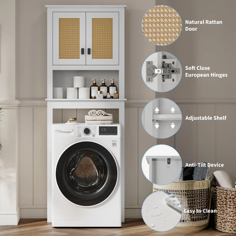 Mobiletto portaoggetti sopra il WC Garvee con ante in rattan, ripiano regolabile, legno, bianco, per bagno e lavanderia