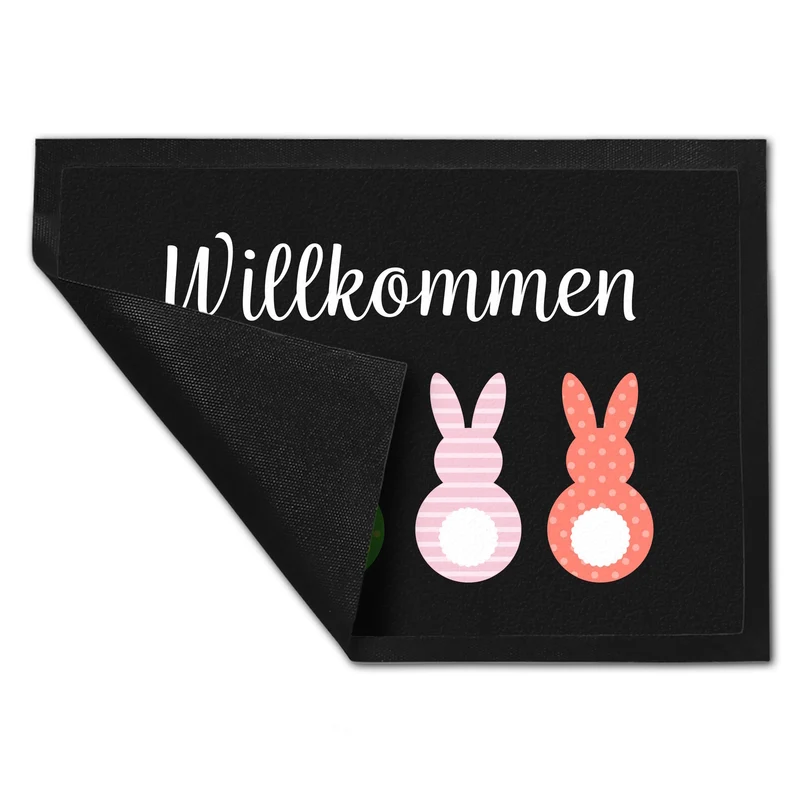 Willkommen Fußmatte mit vier bunten Hasen