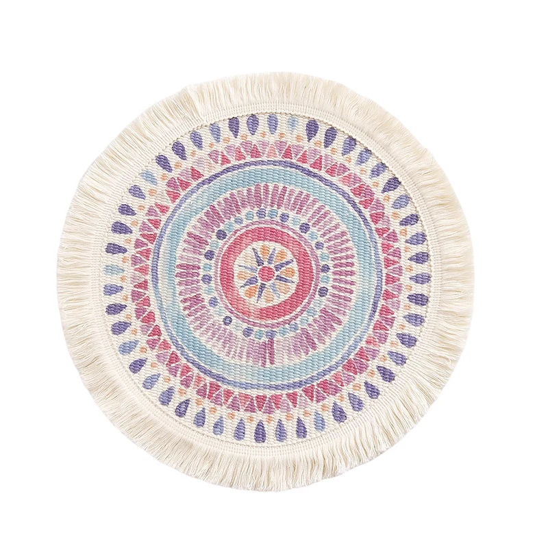 Runder flachgewebter Baumwoll-Teppich mit Mandala-Motiv und dekorativen Fransen Karnz