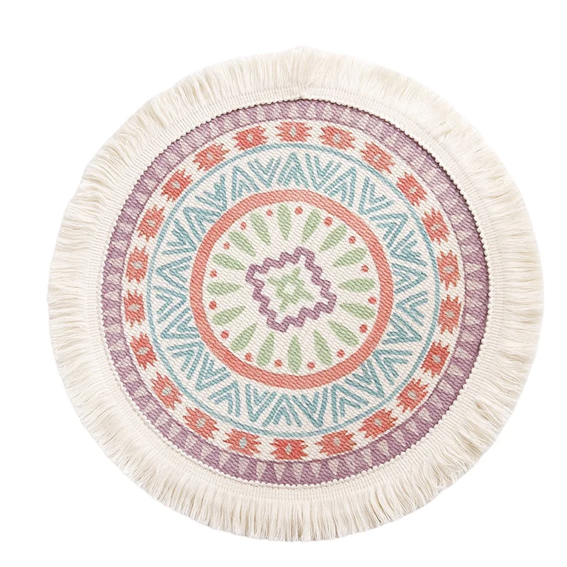Runder flachgewebter Baumwoll-Teppich mit Mandala-Motiv und dekorativen Fransen Karnz