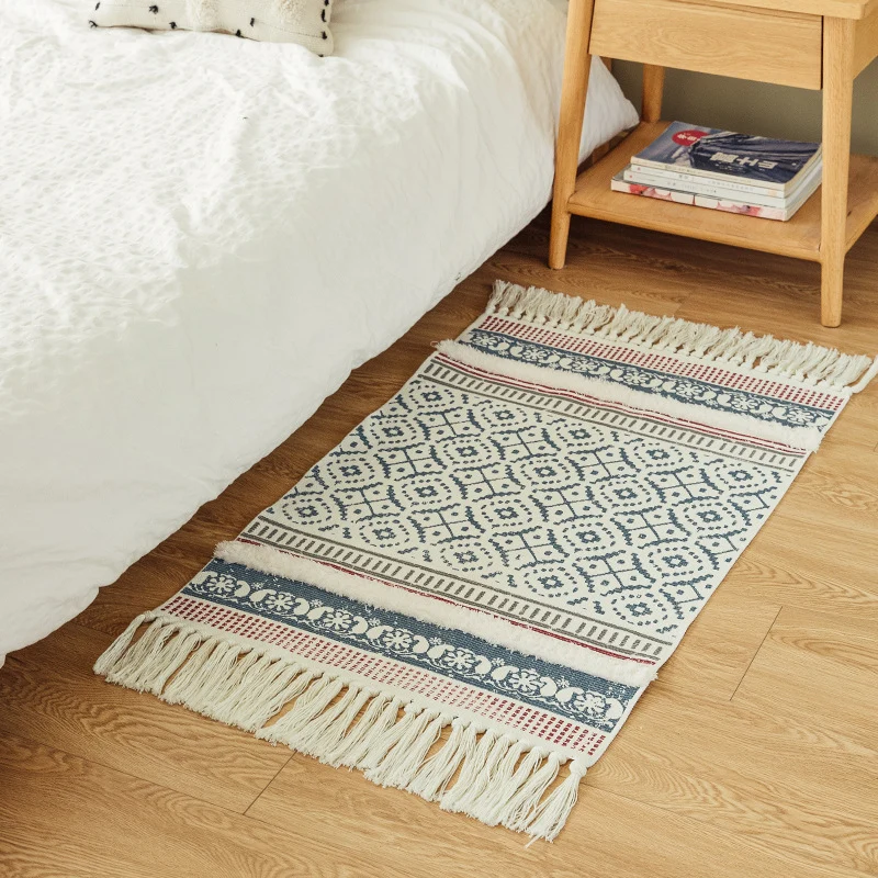 Handgewebter Baumwollläufer im Scandi‑Boho‑Stil mit Fransen und geometrischem Diamant‑Jacquard Karnz