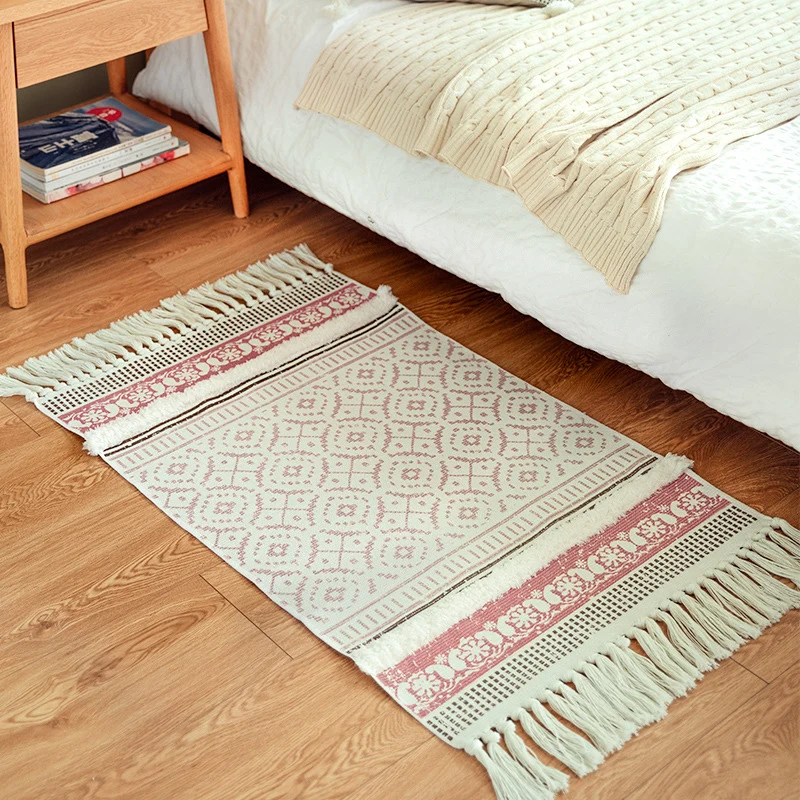 Handgewebter Baumwollläufer im Scandi‑Boho‑Stil mit Fransen und geometrischem Diamant‑Jacquard Karnz