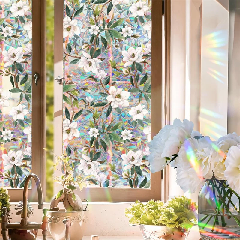 Pellicola per finestre Garvee, opaca, autoadesiva, per la privacy, 43x100 cm, pellicola arcobaleno 3D colorata, anti-UV con motivo vegetale