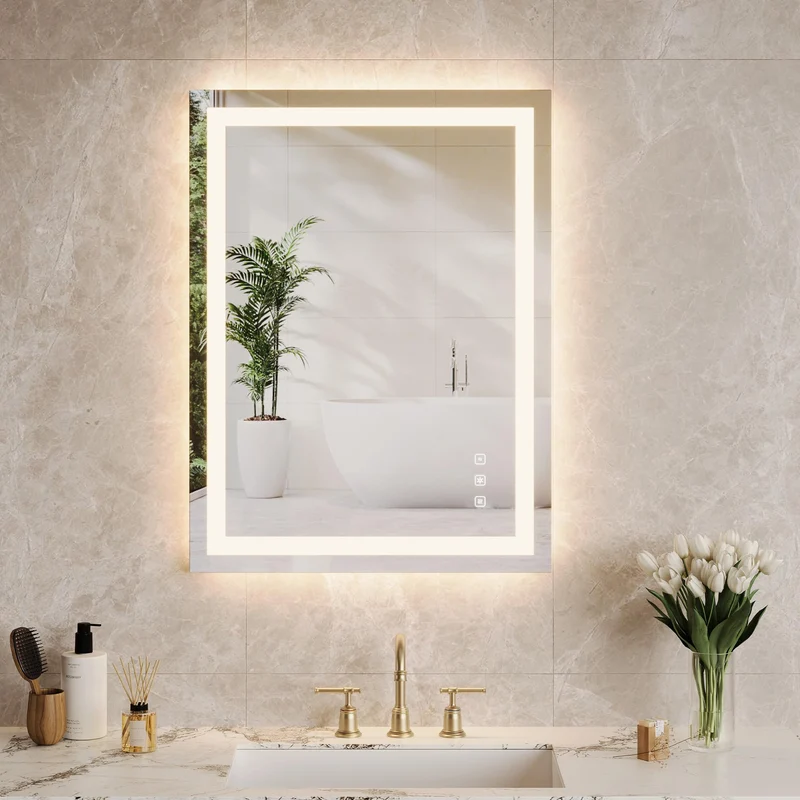 Specchio da bagno Garvee con luce 50x70 cm, antiappannamento, 3 colori di luce, dimmerabile, specchio da bagno a LED con interruttore touch