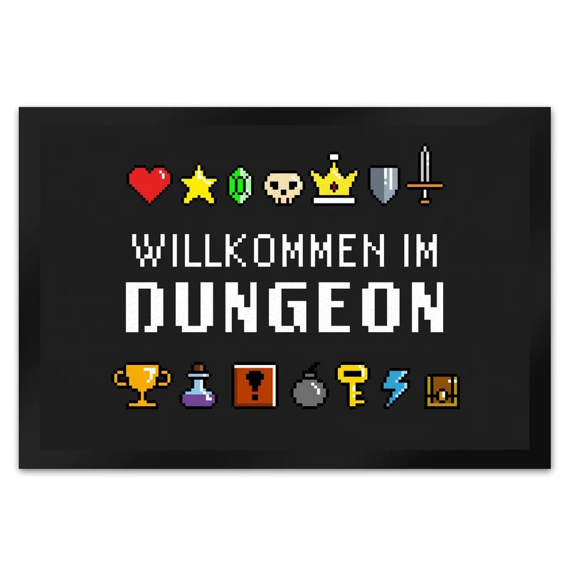 Willkommen im Dungeon Fußmatte für Gamer mit bunten Pixel-Items