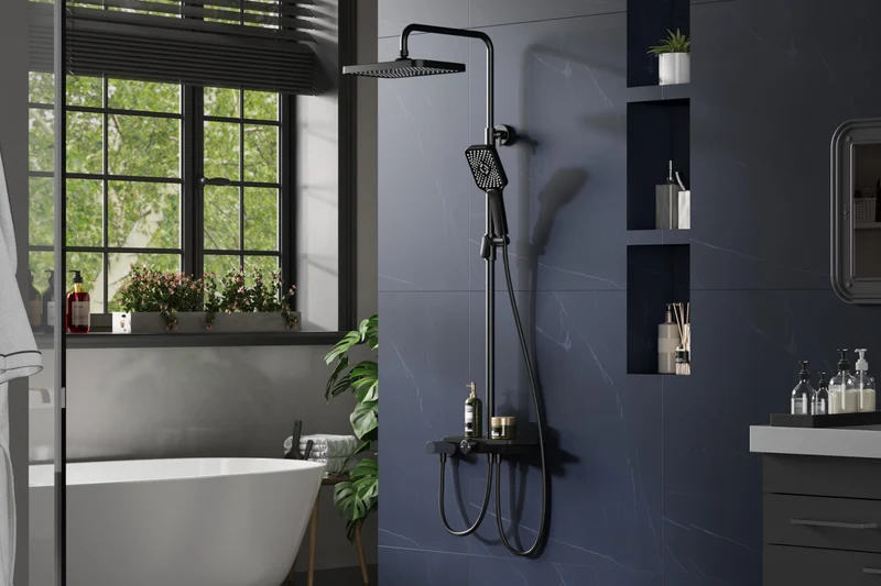 Sistema doccia Garvee Rain senza raccordi con mensola in acciaio inox nero 30x20,5 cm