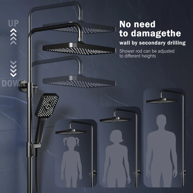 Sistema doccia Garvee Rain senza raccordi con mensola in acciaio inox nero 30x20,5 cm