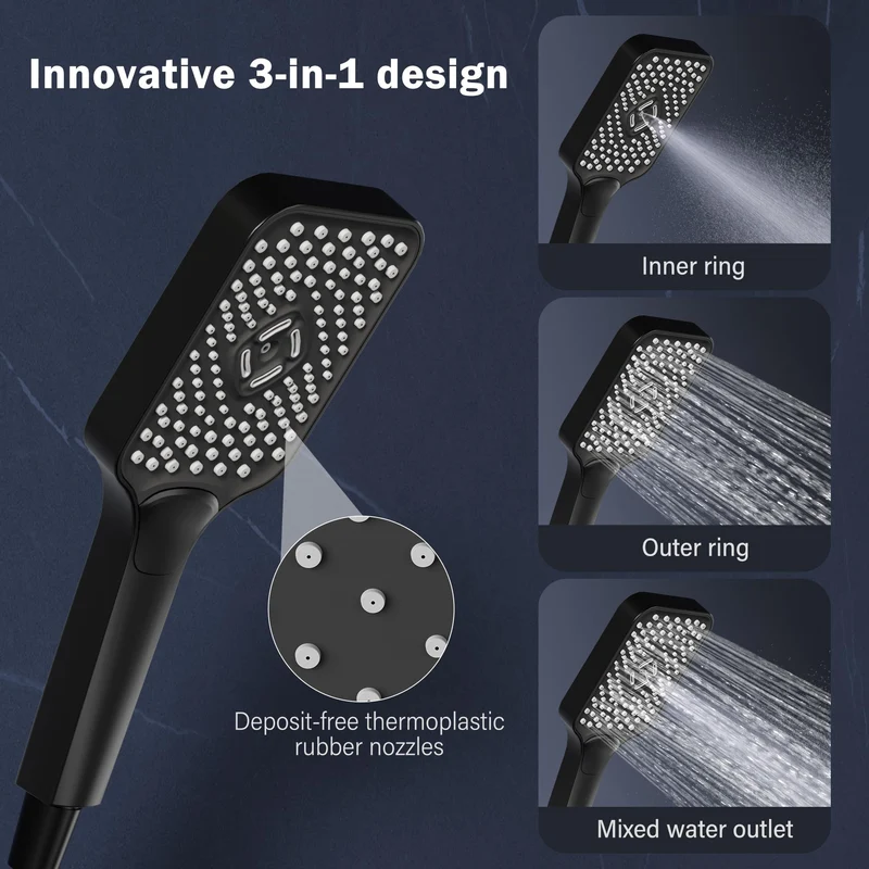 Sistema doccia Garvee Rain senza raccordi con mensola in acciaio inox nero 30x20,5 cm