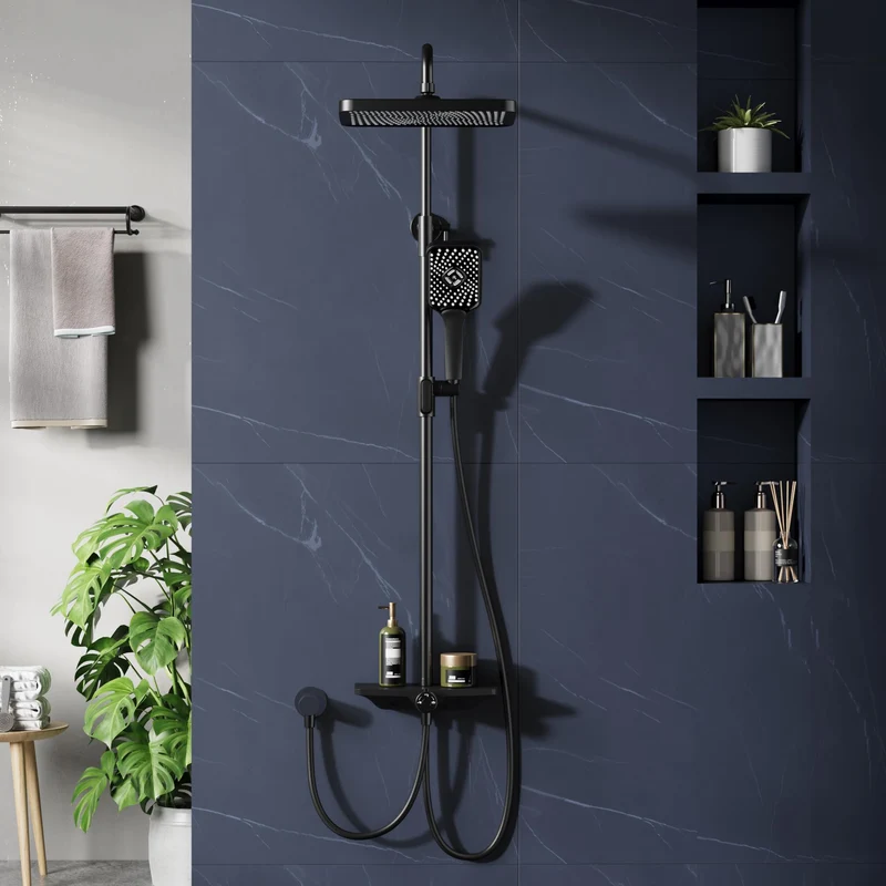 Sistema doccia Garvee Rain senza raccordi con mensola in acciaio inox nero 30x20,5 cm