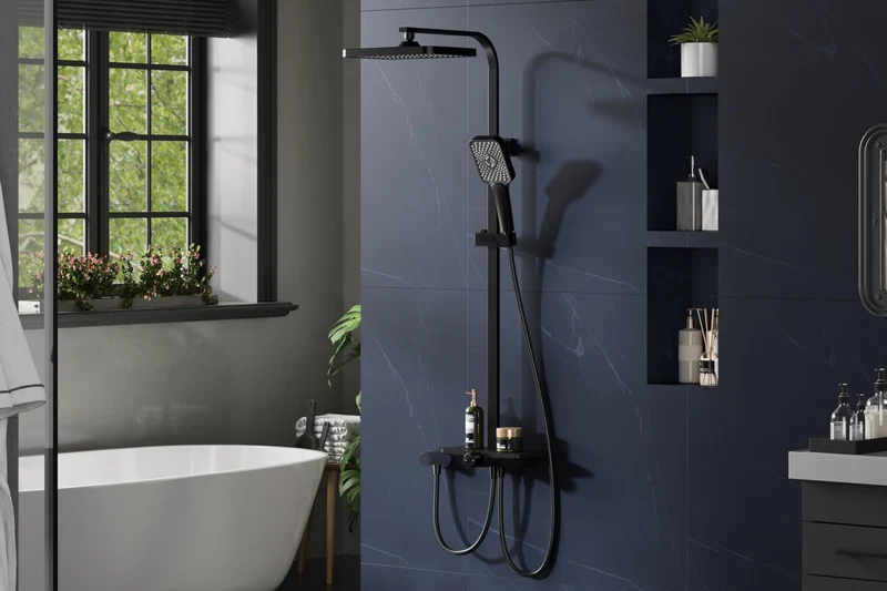 GARVEE Doccia a pioggia senza rubinetto con mensola – Colonna doccia regolabile in acciaio inox nero 30x20,5 cm