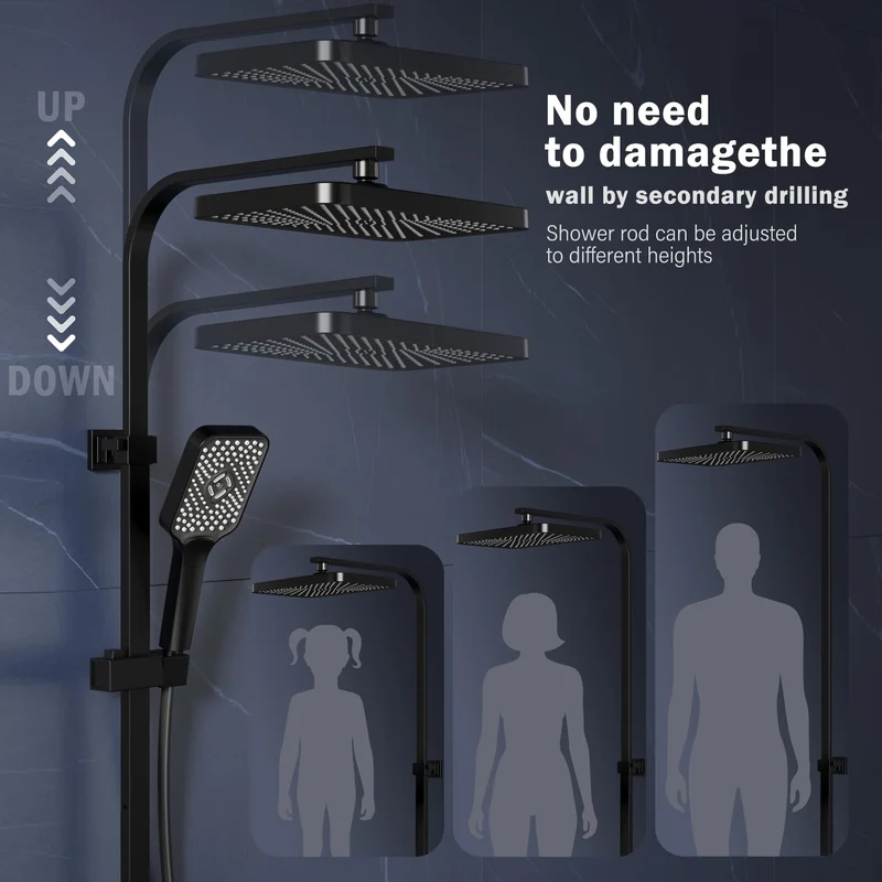 GARVEE Doccia a pioggia senza rubinetto con mensola – Colonna doccia regolabile in acciaio inox nero 30x20,5 cm