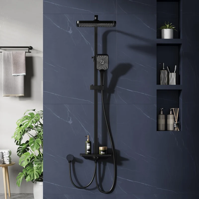 GARVEE Doccia a pioggia senza rubinetto con mensola – Colonna doccia regolabile in acciaio inox nero 30x20,5 cm