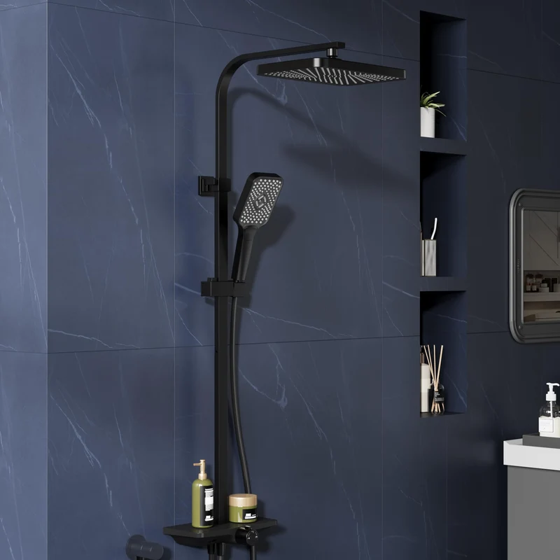 GARVEE Doccia a pioggia senza rubinetto con mensola – Colonna doccia regolabile in acciaio inox nero 30x20,5 cm