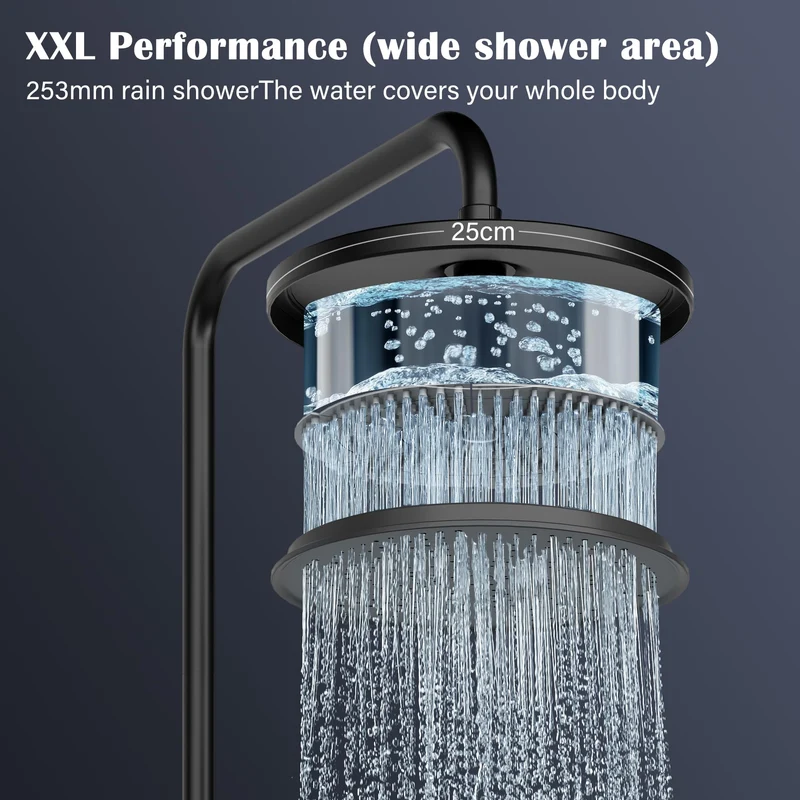 GARVEE Doccia a pioggia senza raccordi – Colonna doccia in acciaio inox nera rotonda 25 cm