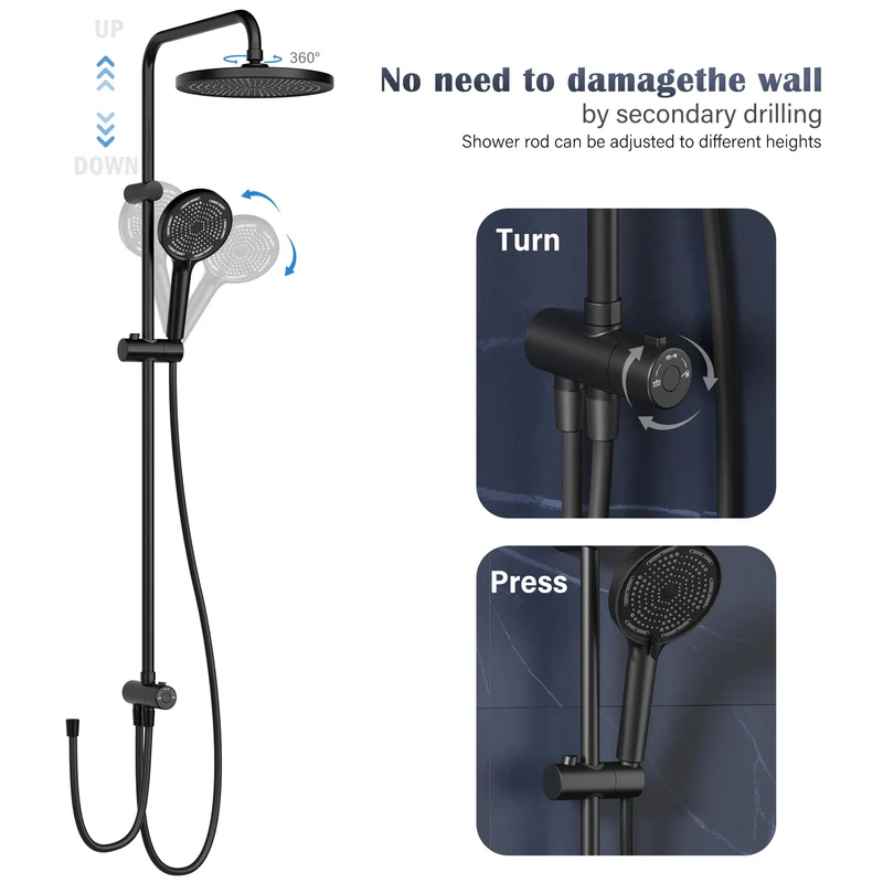 GARVEE Doccia a pioggia senza raccordi – Colonna doccia in acciaio inox nera rotonda 25 cm