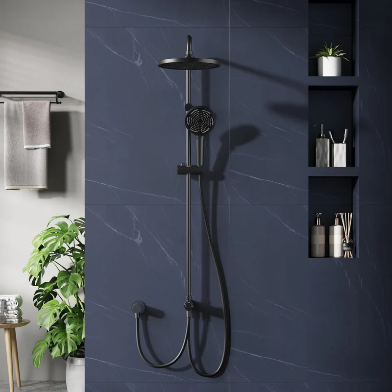 GARVEE Doccia a pioggia senza raccordi – Colonna doccia in acciaio inox nera rotonda 25 cm
