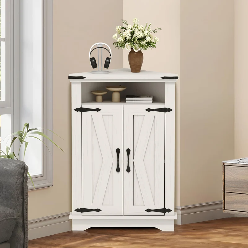 Mobiletto angolare per bagno Garvee con ante a battente, ripiani regolabili, legno MDF, bianco, per piccoli spazi, robusto e versatile