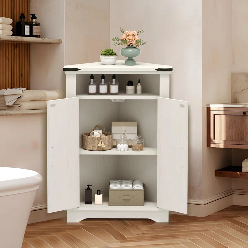 Mobiletto angolare per bagno Garvee con ante a battente, ripiani regolabili, legno MDF, bianco, per piccoli spazi, robusto e versatile