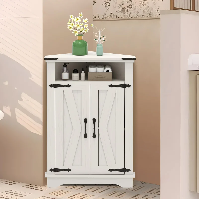 Mobiletto angolare per bagno Garvee con ante a battente, ripiani regolabili, legno MDF, bianco, per piccoli spazi, robusto e versatile