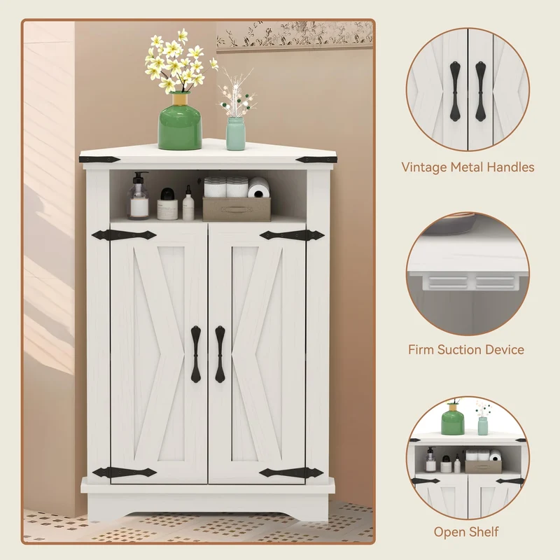 Mobiletto angolare per bagno Garvee con ante a battente, ripiani regolabili, legno MDF, bianco, per piccoli spazi, robusto e versatile