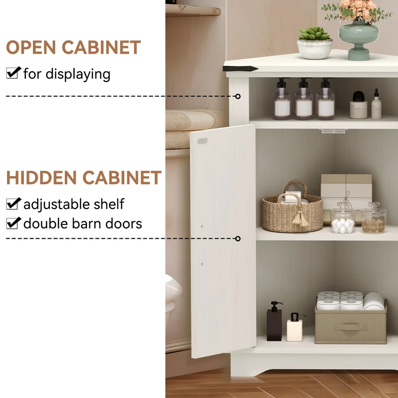 Mobiletto angolare per bagno Garvee con ante a battente, ripiani regolabili, legno MDF, bianco, per piccoli spazi, robusto e versatile