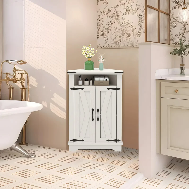 Mobiletto angolare per bagno Garvee con ante a battente, ripiani regolabili, legno MDF, bianco, per piccoli spazi, robusto e versatile