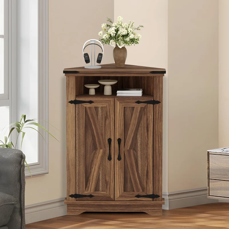 Mobiletto angolare per bagno Garvee con ante a battente, ripiani regolabili, MDF, ampio spazio di archiviazione, design robusto, marrone, per piccoli spazi