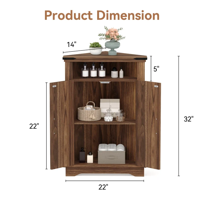 Mobiletto angolare per bagno Garvee con ante a battente, ripiani regolabili, MDF, ampio spazio di archiviazione, design robusto, marrone, per piccoli spazi