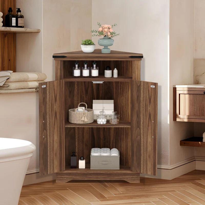 Mobiletto angolare per bagno Garvee con ante a battente, ripiani regolabili, MDF, ampio spazio di archiviazione, design robusto, marrone, per piccoli spazi