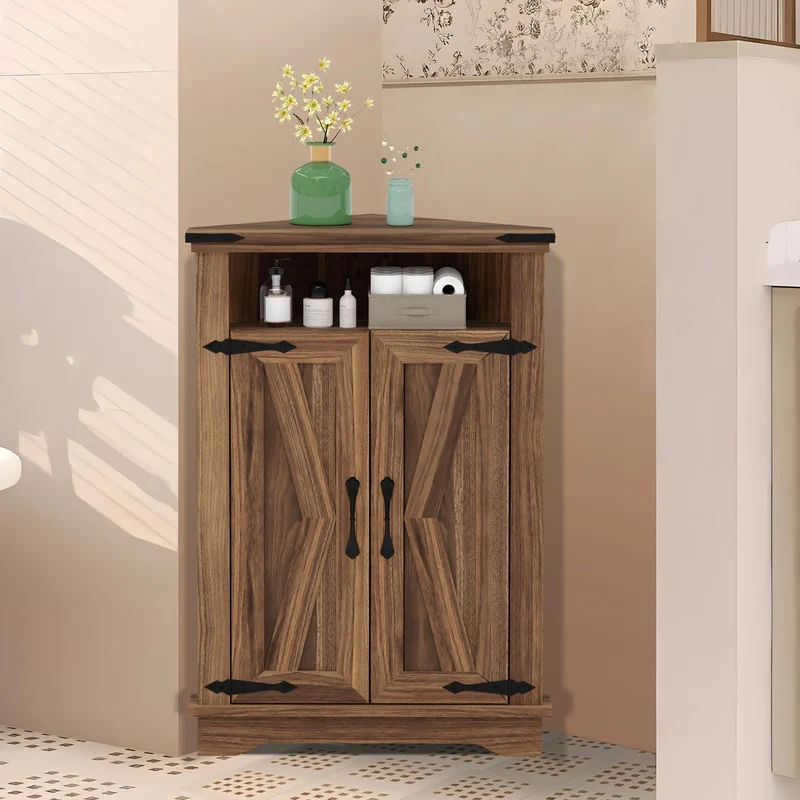 Mobiletto angolare per bagno Garvee con ante a battente, ripiani regolabili, MDF, ampio spazio di archiviazione, design robusto, marrone, per piccoli spazi