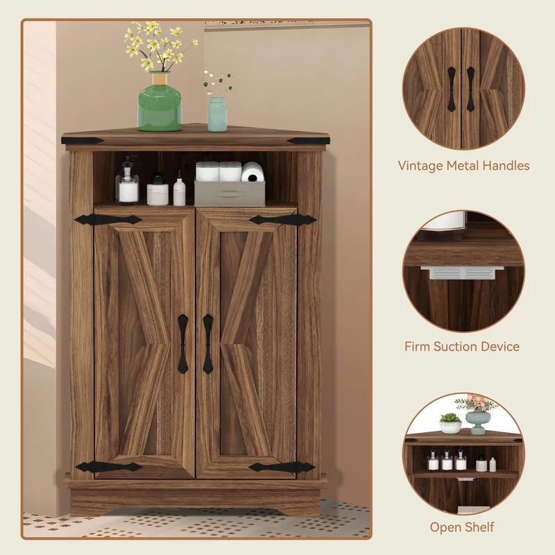Mobiletto angolare per bagno Garvee con ante a battente, ripiani regolabili, MDF, ampio spazio di archiviazione, design robusto, marrone, per piccoli spazi