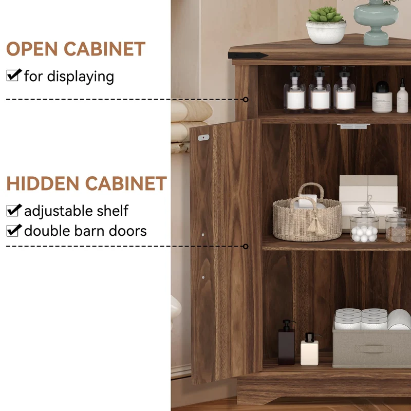 Mobiletto angolare per bagno Garvee con ante a battente, ripiani regolabili, MDF, ampio spazio di archiviazione, design robusto, marrone, per piccoli spazi