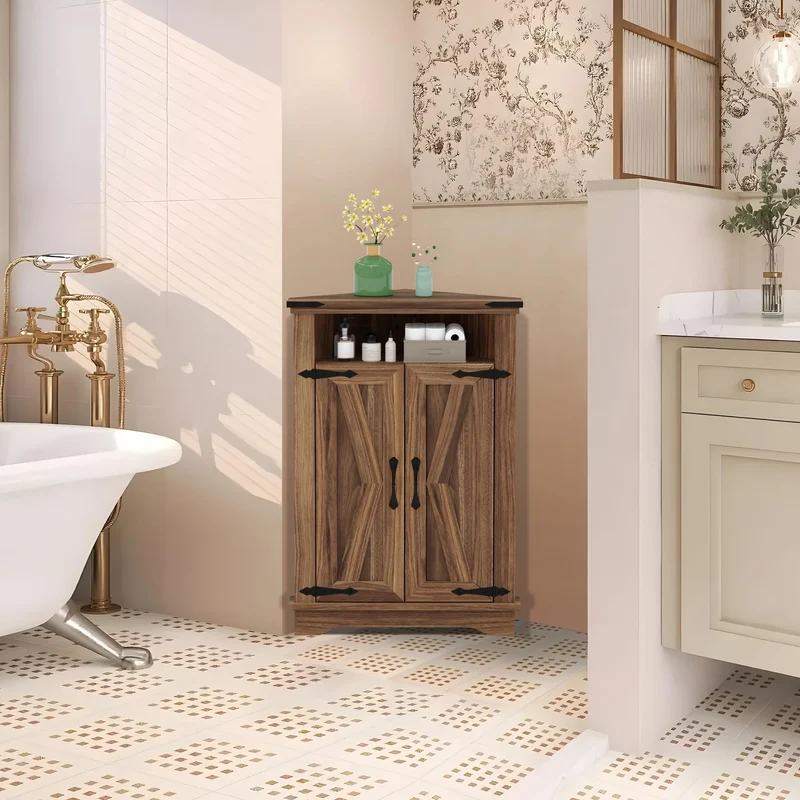 Mobiletto angolare per bagno Garvee con ante a battente, ripiani regolabili, MDF, ampio spazio di archiviazione, design robusto, marrone, per piccoli spazi
