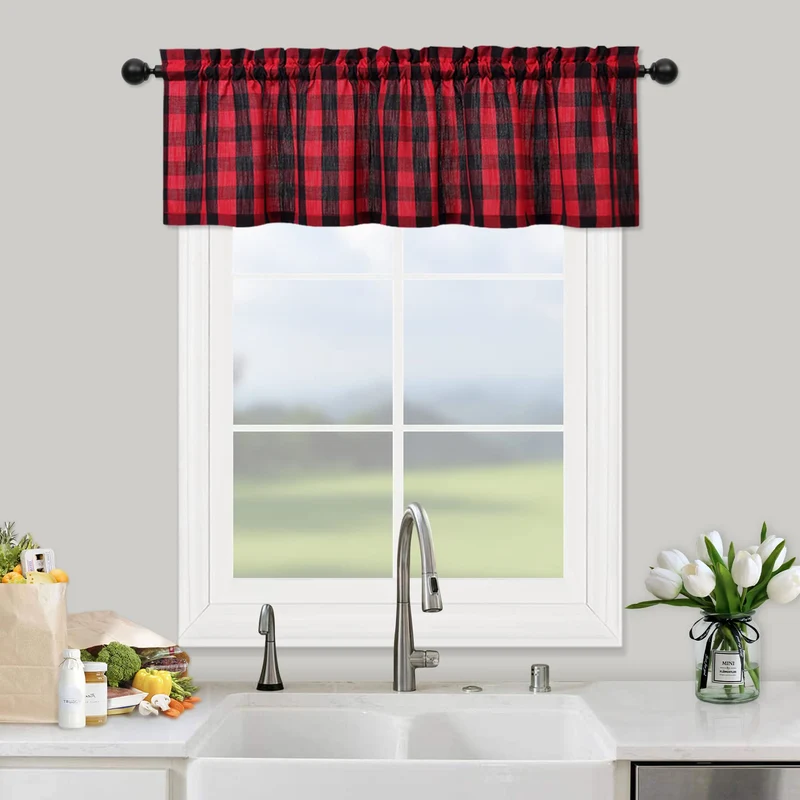 Tenda decorativa per finestra Garvee Cafe con tasca per asta, motivo a quadri Buffalo, filtrante la luce, poliestere, 56x15 pollici, cucina