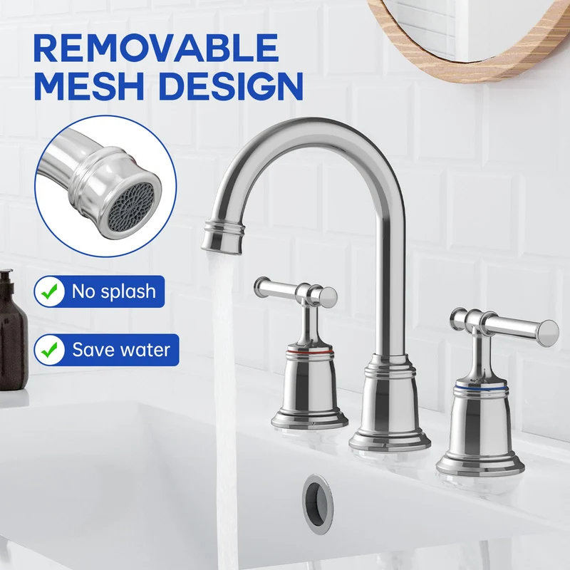 Garvee Rubinetto Bagno 8 Pollici Widespread Nichel Spazzolato, 2 Maniglie, Getto Rotante 360°, Acciaio Inossidabile, Lavabo 3 Fori