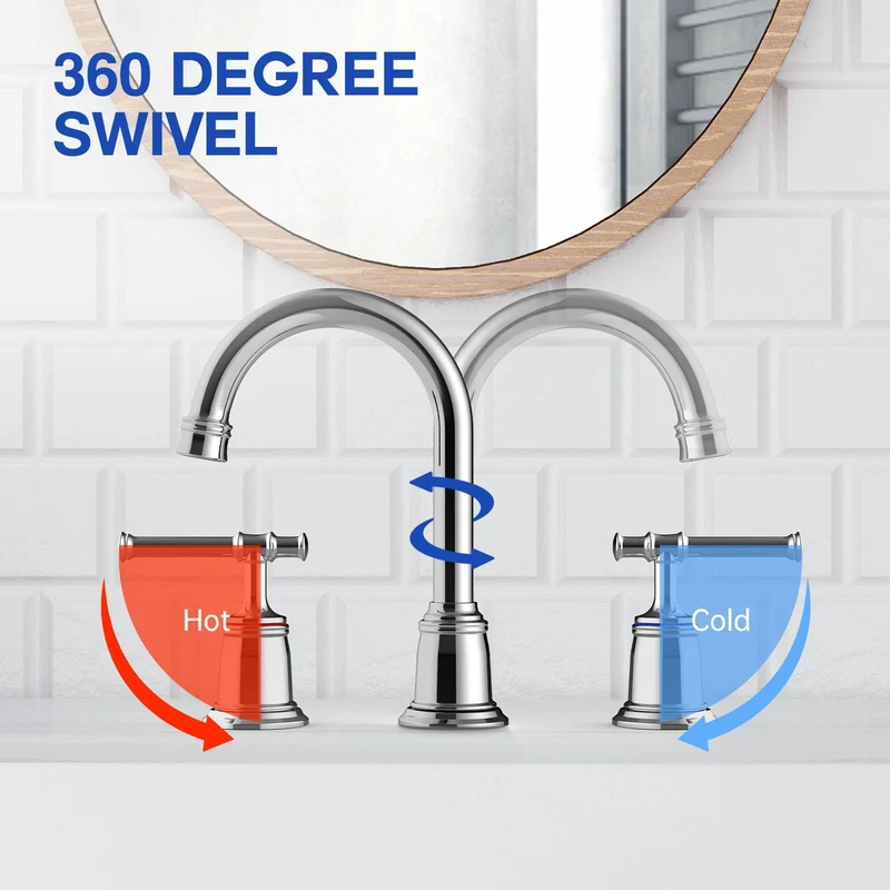 Garvee Rubinetto Bagno 8 Pollici Widespread Nichel Spazzolato, 2 Maniglie, Getto Rotante 360°, Acciaio Inossidabile, Lavabo 3 Fori