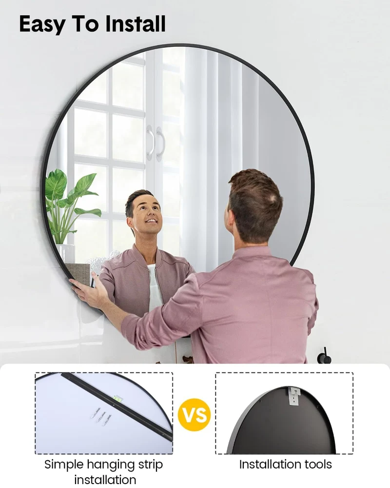 Specchio da parete rotondo Garvee da 24 pollici con cornice in metallo nero moderno per soggiorno, bagno e corridoio