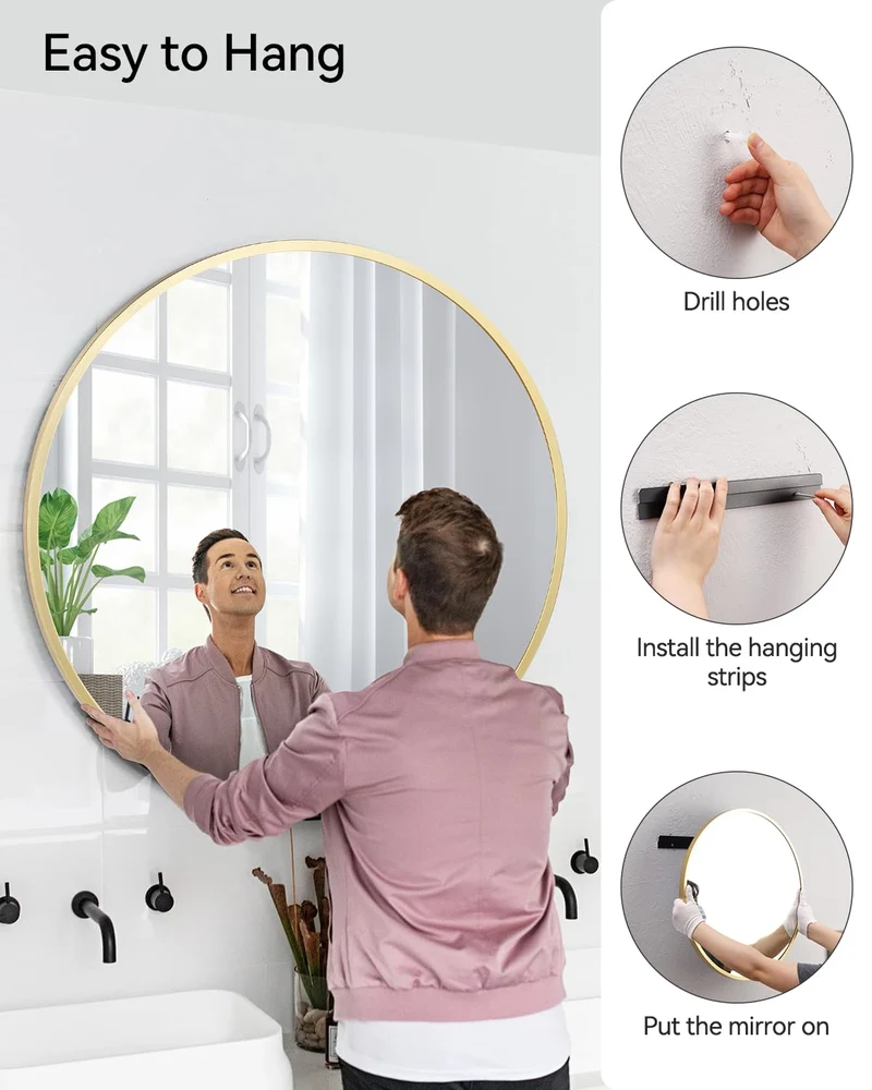 Specchio da bagno rotondo dorato Garvee da 24 pollici con vetro HD opaco e cornice in metallo, anti-distorsione, per il soggiorno