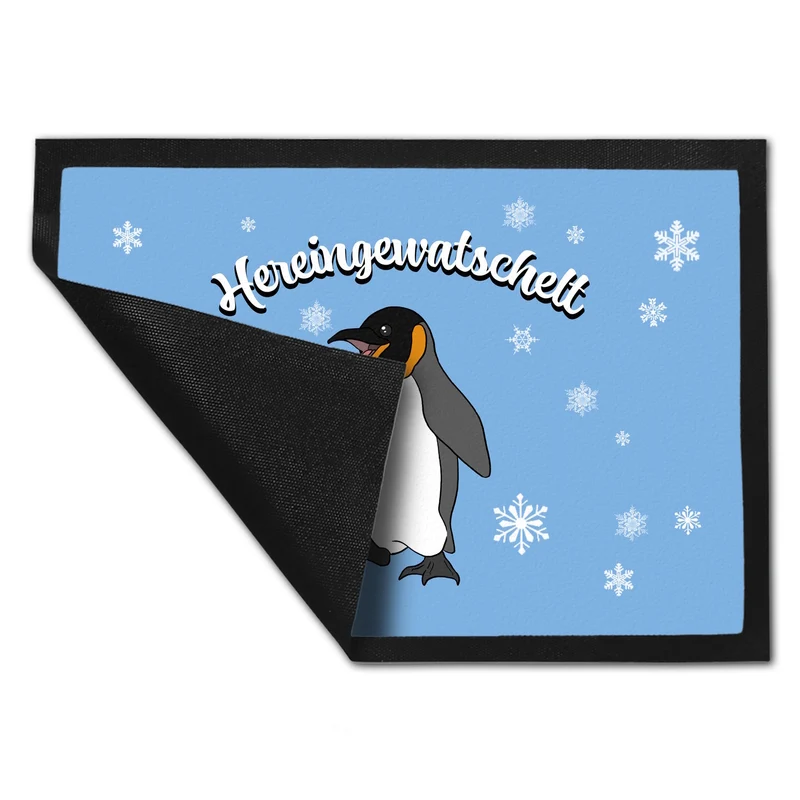 Fußmatte mit niedlichem Pinguin-Motiv und Schneeflocken - Hereingewatschelt